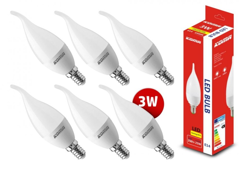 KOMA Sada 6ks LED žiaroviek E14 3W, sviečka, 230V, 240L, 30000h, 6500K studená biela