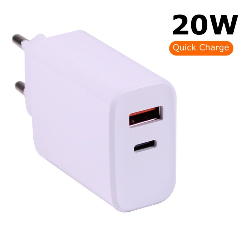 KOMA Napájecí adaptér 20W, USB-A / USB-C pro Apple iPhone / iPad, rychlonabíjecí, bílý