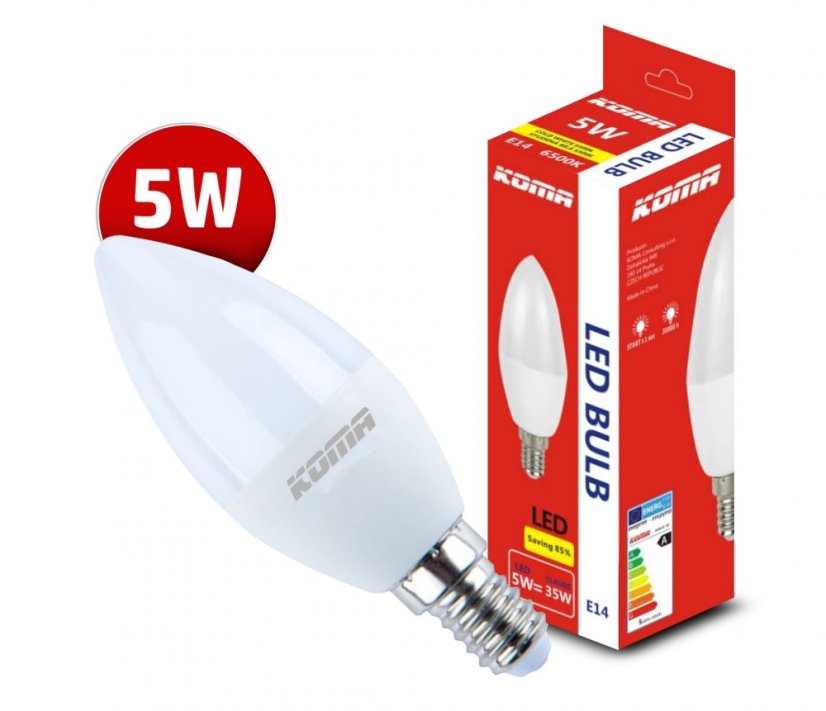 KOMA LED žiarovka E14 5W, sviečka, 230V, 400lm, 30000h, 6500K studená biela