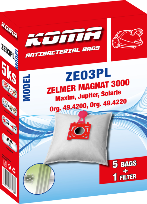 KOMA ZE03PL - Vrecká s plastovým čelom do vysávačov Zelmer Magnat 3000, textilné, 5ks
