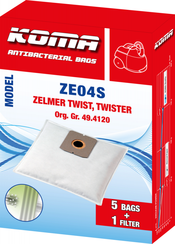 KOMA ZE04S - Set mit 25 Stück Staubsaugerbeuteln für Zelmer Twist, Twister Staubsauger