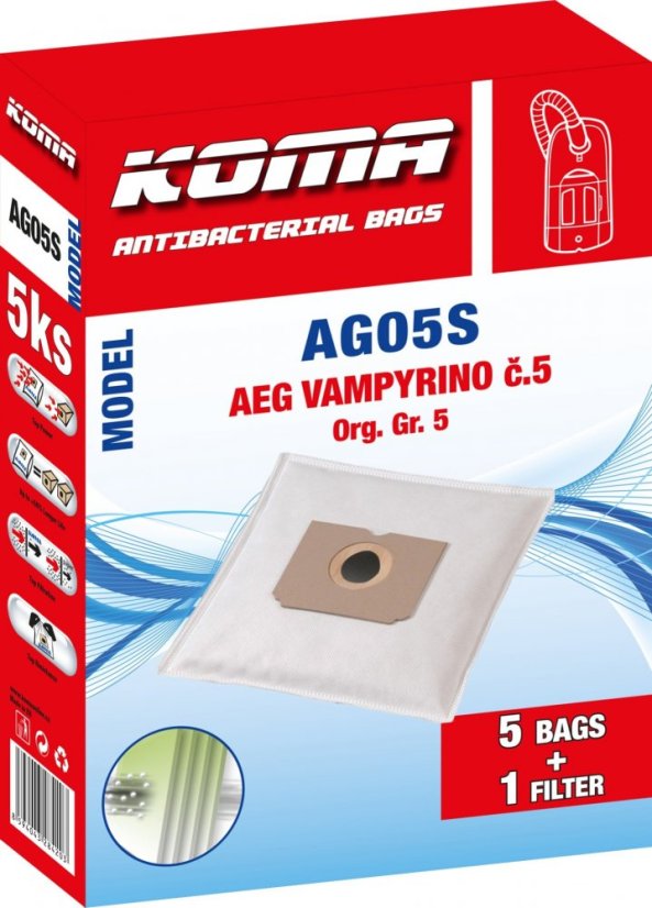 KOMA AG05S - Staubsaugerbeutel für AEG Vampyr Gr.5 Staubsauger, Textil, 5 Stück
