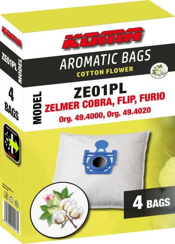 KOMA ZE01PL - Aromatische Beutel aus Baumwolle Blume für Zelmer Cobra, Flip, Furio, 4 Stk.
