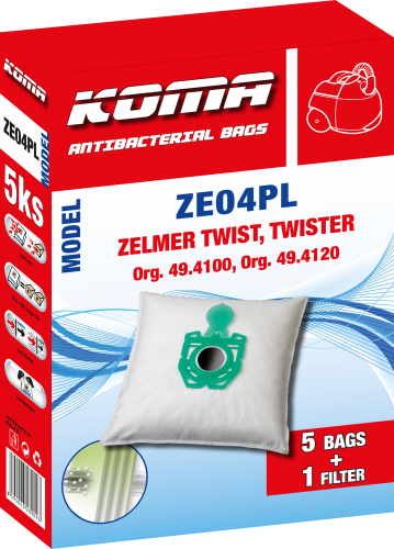 KOMA ZE04PL - Staubsaugerbeutel mit Kunststoffoberfläche für Zelmer Twist, Twister, Textil, 5 Stück