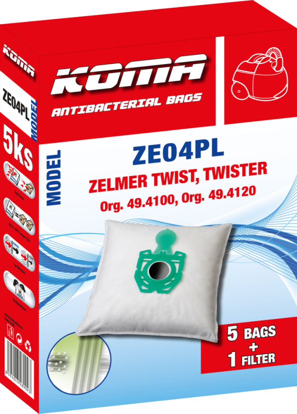 KOMA ZE04PL - Staubsaugerbeutel mit Kunststoffoberfläche für Zelmer Twist, Twister, Textil, 5 Stück