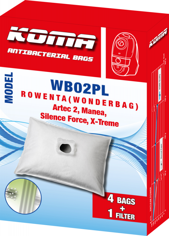 KOMA WB02PL - Set mit 20 Stück Staubsaugerbeuteln mit Kunststoffstaubsperre für Rowenta Wonderbag Silence Staubsauger