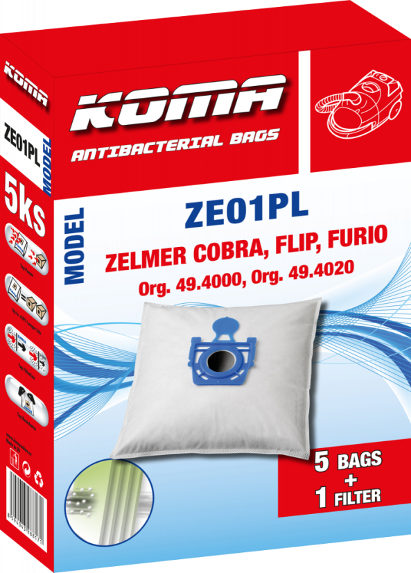 KOMA ZE01PL - Set mit 25 Stück Staubsaugerbeuteln mit Kunststoffstaubsperre für Zelmer Cobra, Flip, Furio Staubsauger