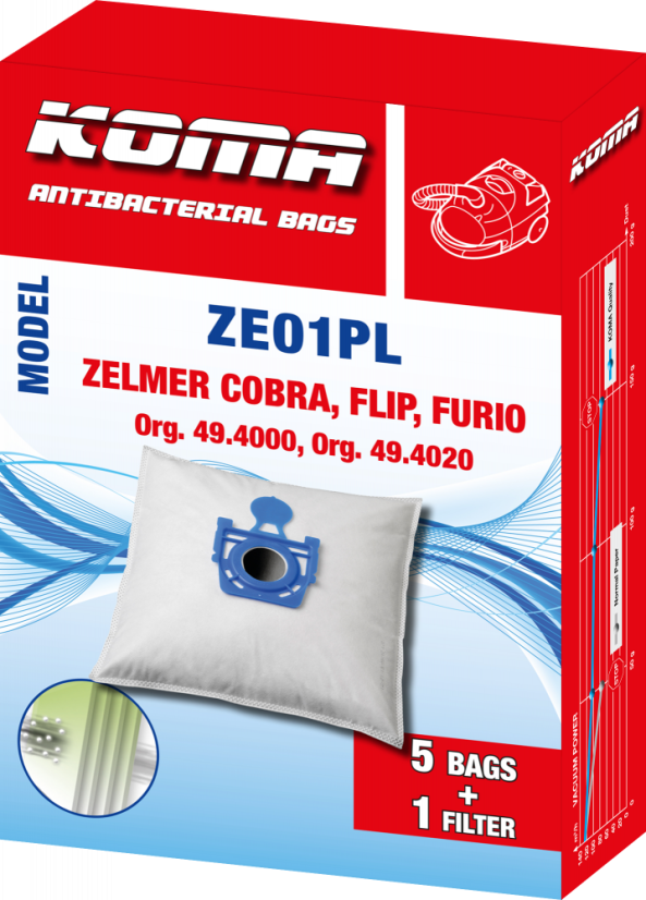 KOMA ZE01PL - Set mit 25 Stück Staubsaugerbeuteln mit Kunststoffstaubsperre für Zelmer Cobra, Flip, Furio Staubsauger