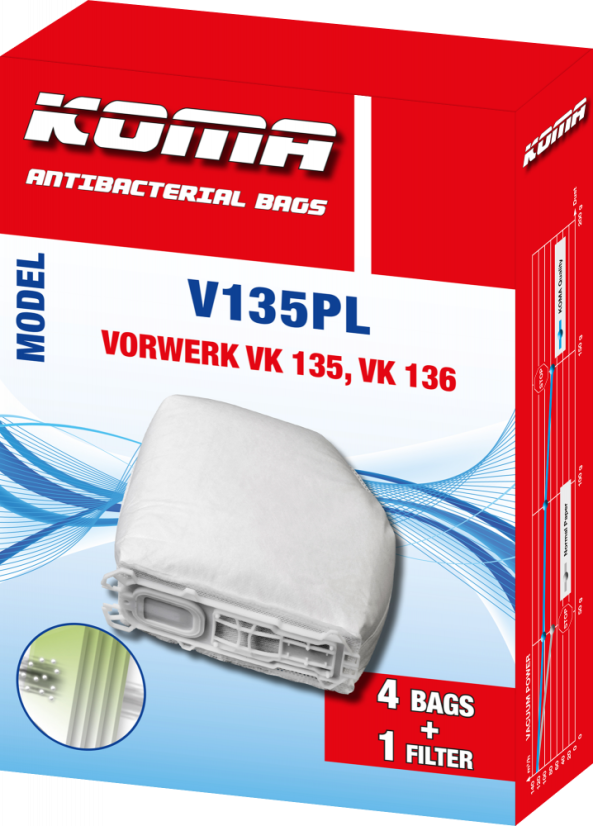 KOMA V135PL - Sada příslušenství pro VORWERK VK 135, VK 136 Kobold, 8ks sáčků, 1ks Hepa filtr, 1ks motorový filtr