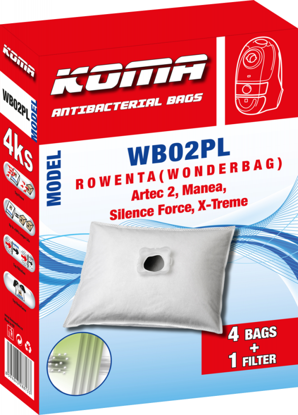 KOMA WB02PL - Set mit 20 Stück Staubsaugerbeuteln mit Kunststoffstaubsperre für Rowenta Wonderbag Silence Staubsauger