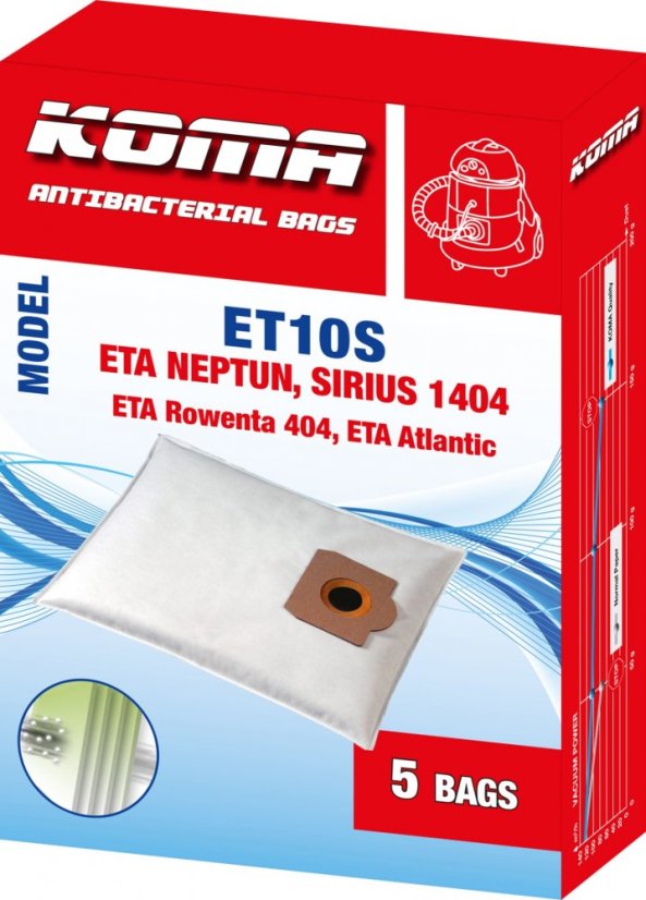 KOMA ET10S - Staubsaugerbeutel für ETA Neptun 1404, 3404, Rowenta 0404 Staubsauger, Textil, 5 Stück