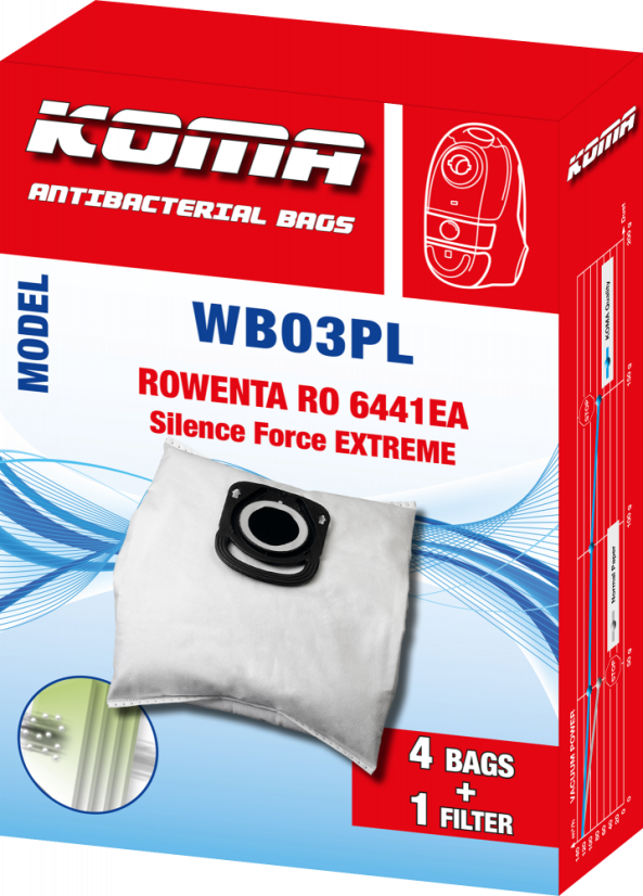 KOMA WB03PL - Set mit 20 Stück Staubsaugerbeuteln mit Kunststoffstaubsperre für ROWENTA RO6441 Silence Force EXTREME Staubsauger
