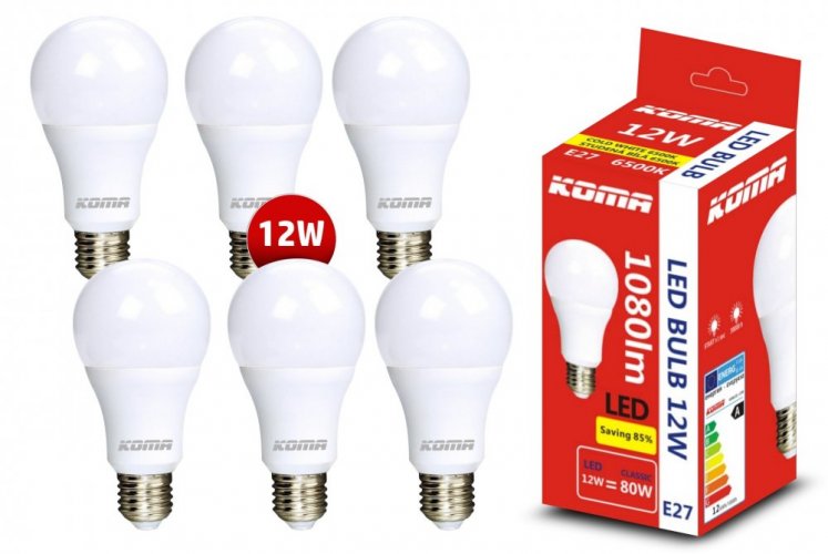 6er-Set LED-Lampen KOMA E27 12W, 230V, 1080lm, 20000h, 6500K, kaltweiß
