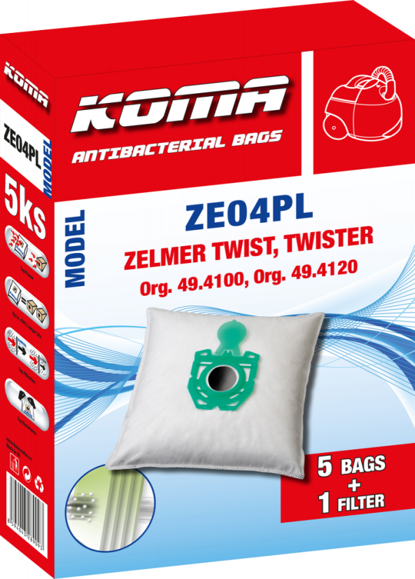 KOMA ZE04PL – Set mit 25 Stück Staubsaugerbeuteln mit Kunststoffstaubsperre für Zelmer Twist, Twister Staubsauger