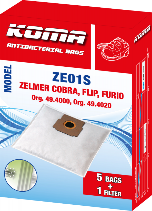 KOMA ZE01S - Sada 25 ks vreciek do vysávača Zelmer, Cobra, Flip, Furio