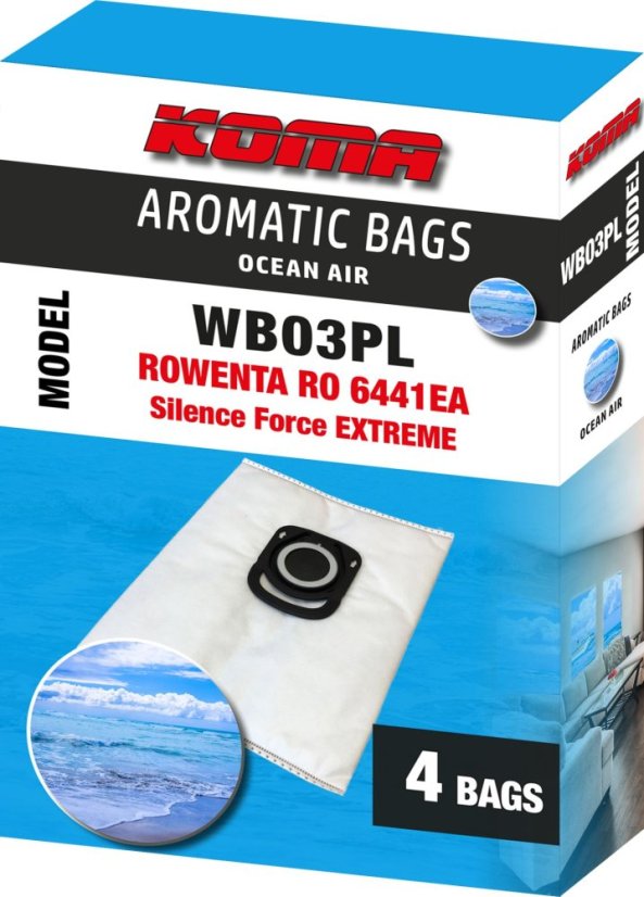 KOMA WB03PL - Parfumované vrecká s vôňou oceánu pre vysávače Rowenta RO6441 Silence Force Extreme, 4ks