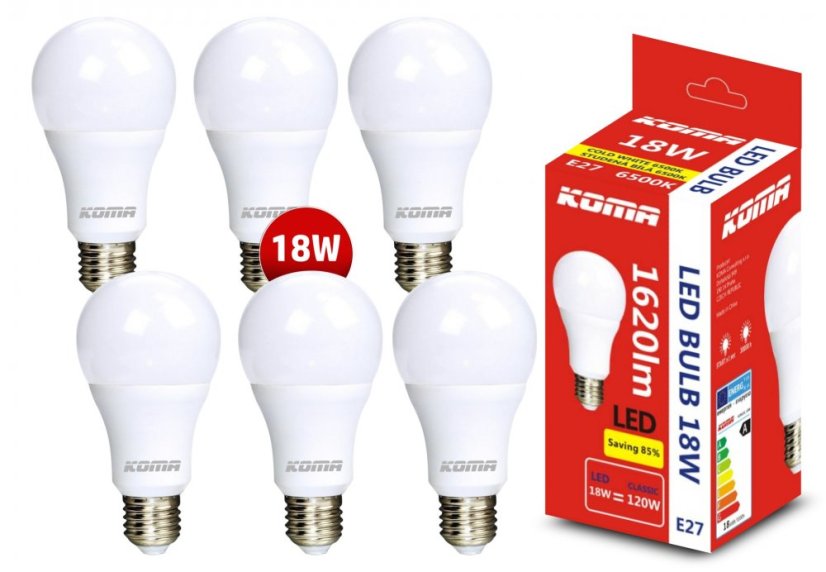KOMA Sada 6ks LED žiaroviek E27 18W, 230V, 1620lm, 20000h, 6500K studená biela
