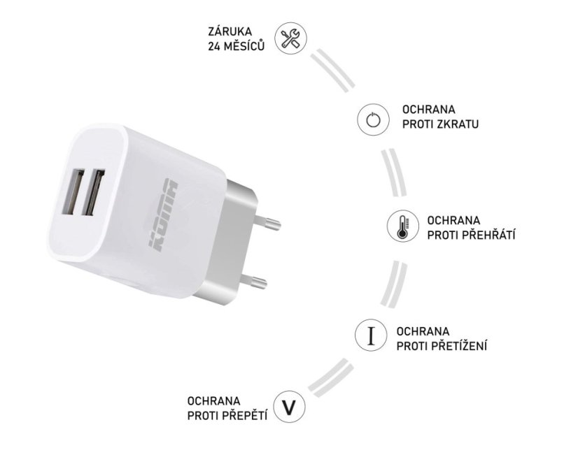 KOMA USB1 - Univerzálna sieťová nabíjačka, 2x USB, 2,1 A, 10 W, biela