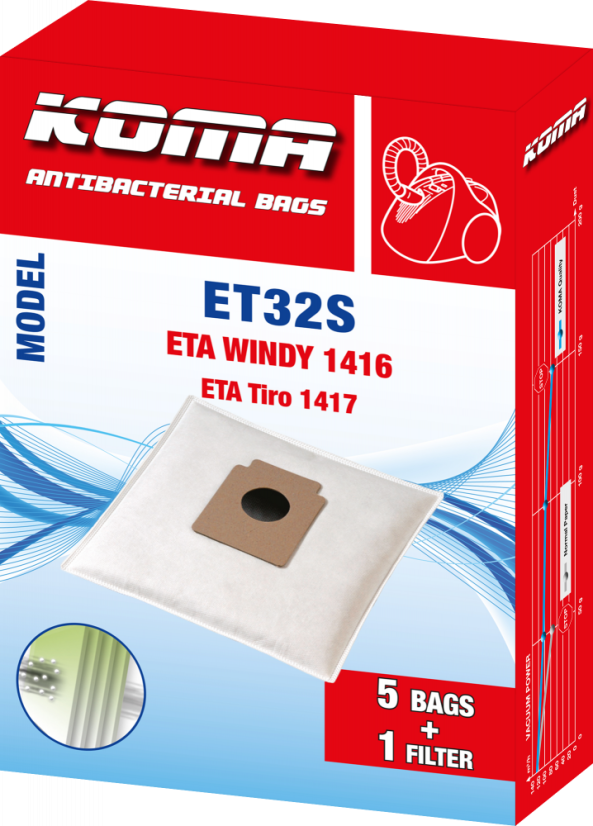 KOMA ET32S - Set mit 25 Stück Staubsaugerbeuteln für ETA Windy 1416, Tiro 1417 Staubsauger