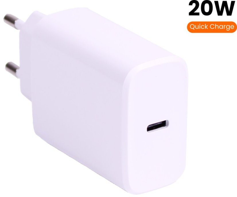 KOMA Napájecí USB-C adaptér 20W pro Apple iPhone / iPad, rychlonabíjecí, bílý