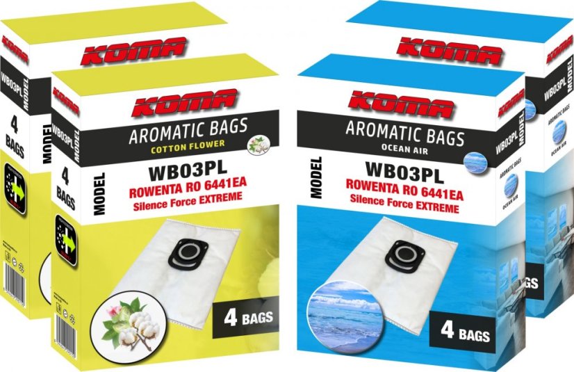 KOMA WB03PL - Sada 16ks aromatických sáčků s vůní oceánu a květu bavlníku do vysavačů ROWENTA, 4ks