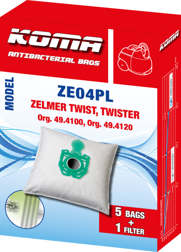 KOMA ZE04PL - Staubsaugerbeutel mit Kunststoffoberfläche für Zelmer Twist, Twister, Textil, 5 Stück