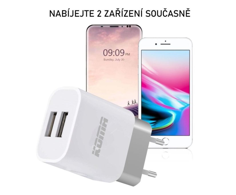 KOMA USB1 - Univerzálna sieťová nabíjačka, 2x USB, 2,1 A, 10 W, biela