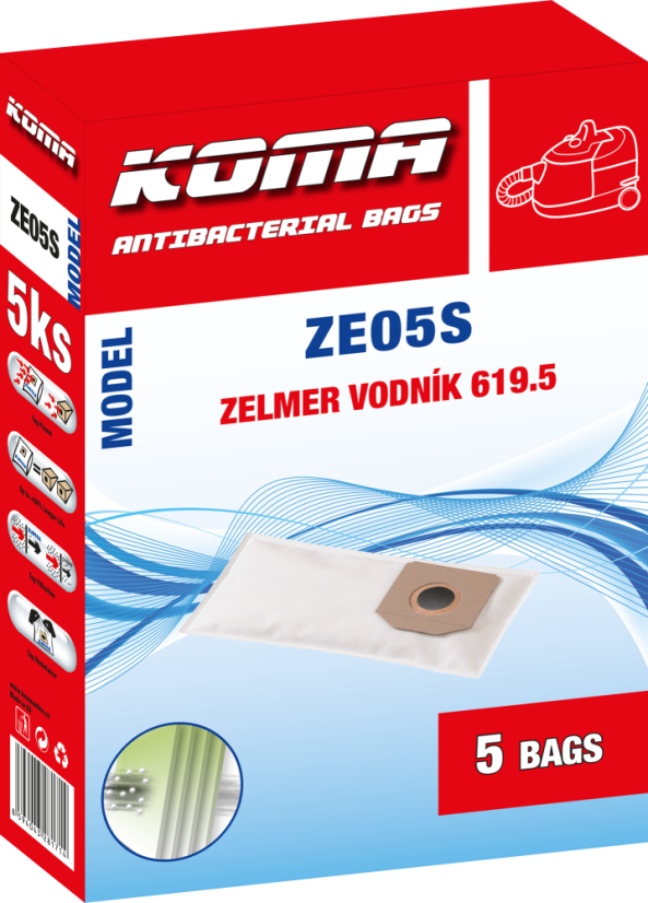 KOMA ZE05S - Vrecká do vysávača Zelmer Vodník, textilné, 5ks