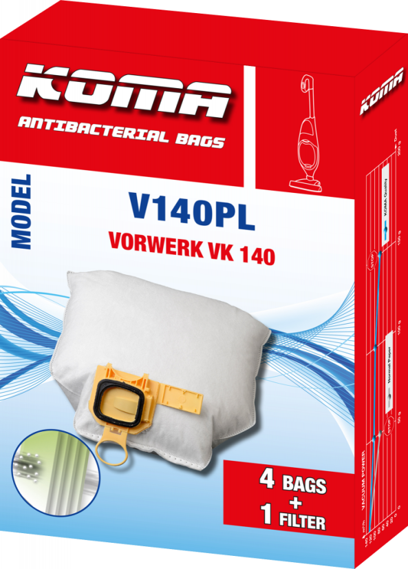 KOMA V140PL - Set mit 20 Stück Staubsaugerbeuteln mit Kunststoffstaubsperre für Vorwerk VK 140, VK 150 Kobold Staubsauger