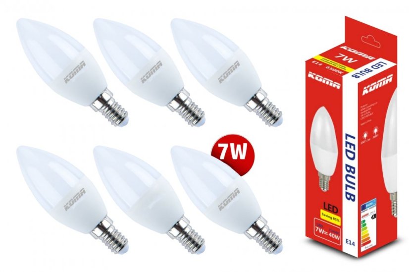 6er-Set LED-Lampen KOMA E14 7W, Kerze, 230V, 560lm, 30000h, 6500K, kaltweiß 6er-Set LED-Lampen KOMA E14 7W, Kerze, 230V, 560lm, 30000h, 6500K, kaltweiß