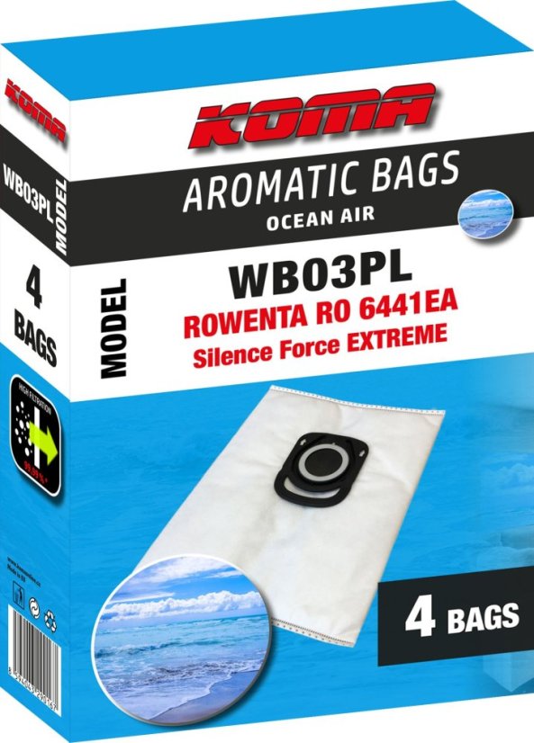 KOMA WB03PL - Parfumované vrecká s vôňou oceánu pre vysávače Rowenta RO6441 Silence Force Extreme, 4ks