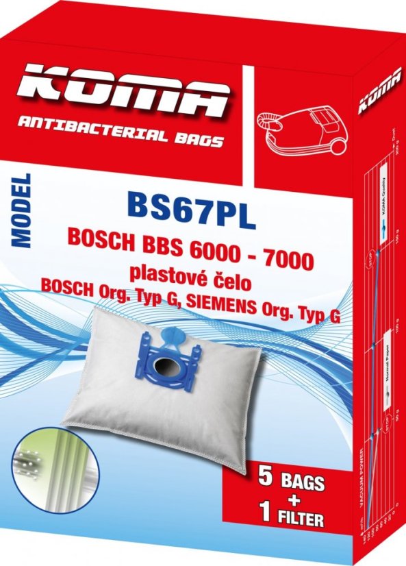 KOMA BS67PL - Sada 25ks vreciek do vysávačov BOSCH Typ G, Siemens, plastové čelo