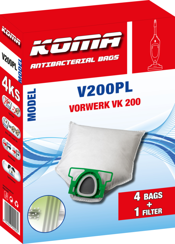 KOMA V200PL - Staubsaugerbeutel für Vorwerk VK 200 Textil, 4 Stück