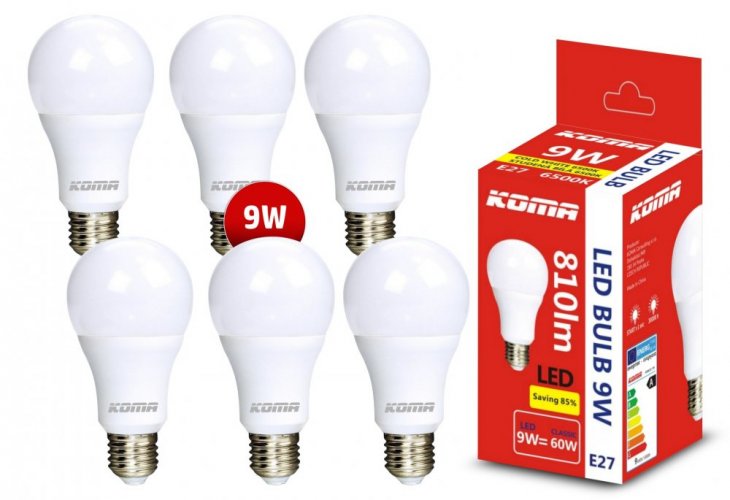 6er-Set LED-Lampen KOMA E27 9W, 230V, 810lm, 20000h, 6500K, kaltweiß