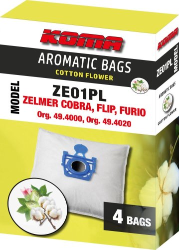 KOMA ZE01PL - Aromatische Beutel aus Baumwolle Blume für Zelmer Cobra, Flip, Furio, 4 Stk.
