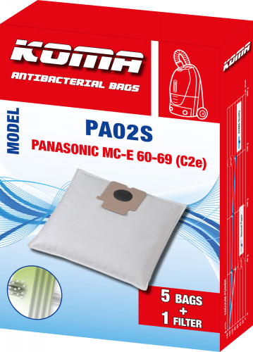 PA02S - Set mit 25 Stück Staubsaugerbeuteln für Panasonic MC-E 60-69 (C-2e) Staubsauger