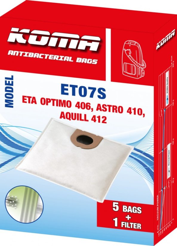 KOMA ET07S - Set mit 25 Stück Staubsaugerbeuteln für ETA Optimo 1406, Astro 1410, Aquill 1412 Staubsauger