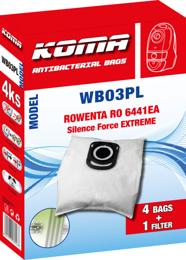 KOMA WB03PL - Set mit 20 Stück Staubsaugerbeuteln mit Kunststoffstaubsperre für ROWENTA RO6441 Silence Force EXTREME Staubsauger