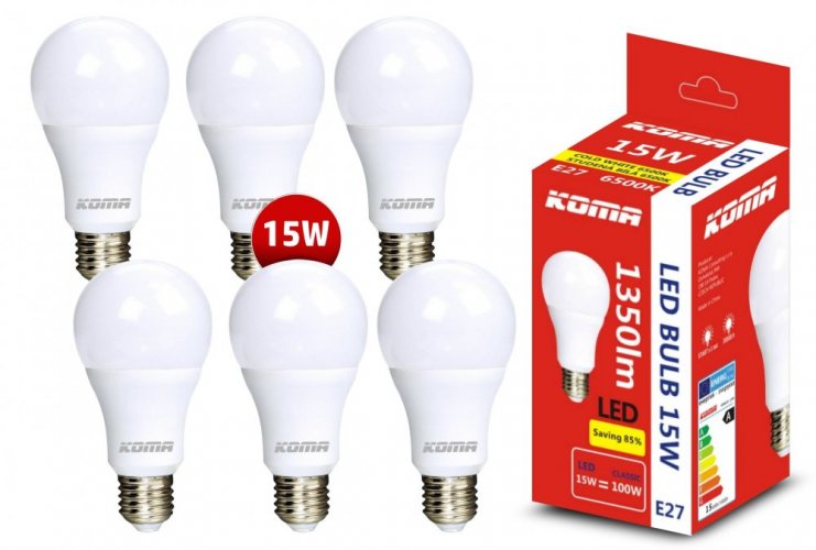 6er-Set LED-Lampen KOMA E27 15W, 230V, 1350lm, 20000h, 6500K, kaltweiß