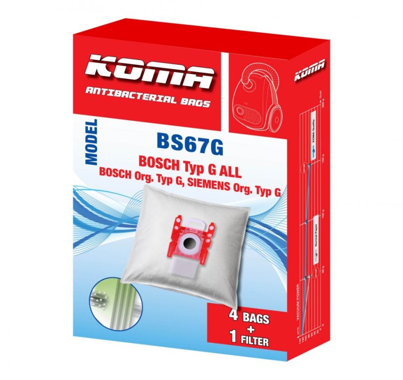 KOMA BS67G - Sada príslušenstva pre vysávače BOSCH typ G ALL, Siemens, 12ks vreciek s plastovým čelom, 1ks HEPA filter a 1ks motorový filter