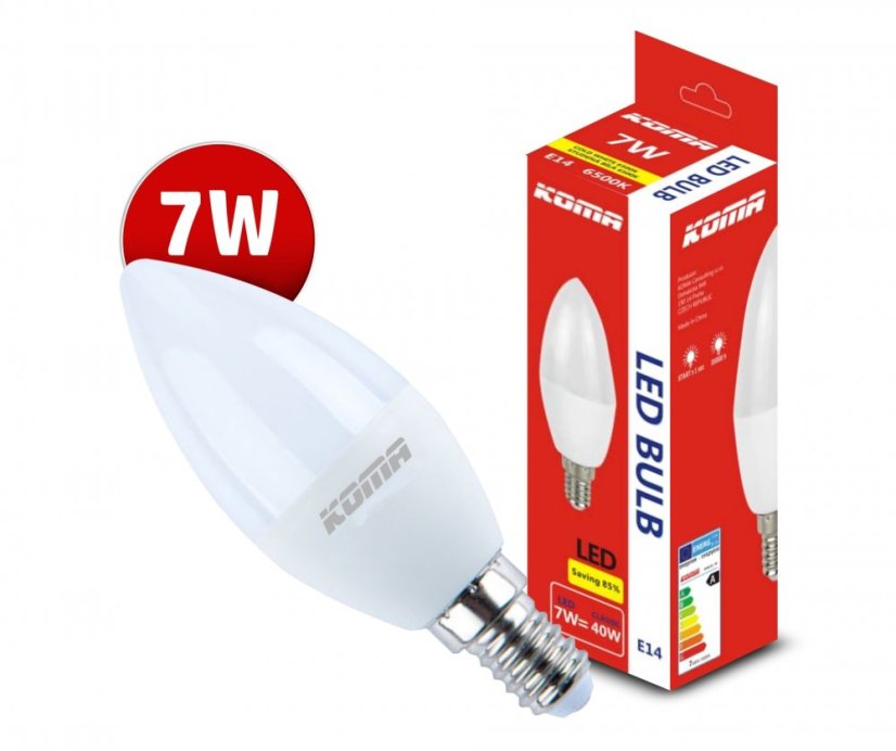 KOMA LED žárovka KOMA E14 7W, svíčka, 230V, 560lm, 30000h, 6500K studená bílá
