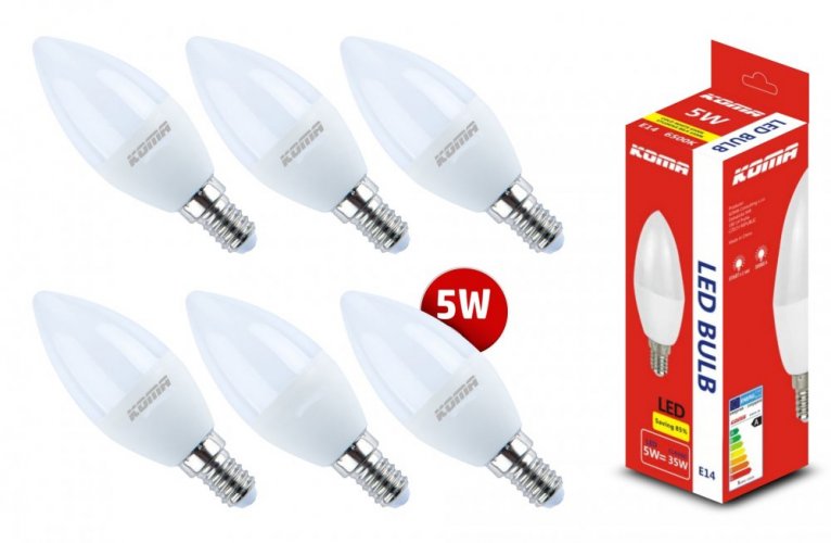 6er-Set LED-Lampen KOMA E14 5W, Kerze, 230V, 400lm, 30000h, 6500K, kaltweiß