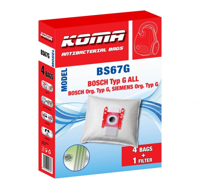 KOMA BS67G - Sada príslušenstva pre vysávače BOSCH typ G ALL, Siemens, 12ks vreciek s plastovým čelom, 1ks HEPA filter a 1ks motorový filter