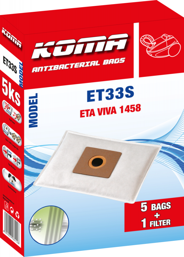 KOMA ET33S - Set mit 25 Stück Staubsaugerbeuteln für ETA Viva 458, O3 1460 Staubsauger